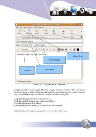 Kirim / Send
                                             Perihal / Subjek



                                        To / Kepada
             Isi e-mail




                          Gambar 5.12 Tampilan jendela Evolution


Mengirim/menulis e-mail dapat dilakukan dengan menekan tombol “New” di menu
Evolution. Sesaat sesudah itu akan tampak tampilan kolom untuk menulis e-mail. Langkah
yang perlu dilakukan pada saat menulis e-mail secara berurut hanyalah,

1.Tuliskan alamat e-mail tujuan pada kolom To:
2.Tuliskan perihal/subject e-mail pada kolom Subject:
3.Tuliskan berita yang akan dikirim.
4.Tekan tombol kirim “Send”, jika e-mail telah selesai di ketik.


MENGIRIM FILE MELALUI E-MAIL CLIENT EVOLUTION



                                                            MENGGUNAKAN E-MAIL 99
 