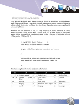 EKSPRESI EMOSI DALAM E-MAIL
Ada beberapa kebiasaan yang sering digunakan dalam berkomunikasi menggunakan e-
mail. Salah satu kebiasaan yang sangat menarik adalah menggunakan emoticon. Emoticon
adalah sebuah simbol atau kombinasi dari simbol yang digunakan untuk menyampaikan isi
emosi yang dikirim.

Pembuat asli dari emoticon :-) dan :-(, yang mengusulkan bahwa emoticon ini dapat
mengekspresikan emosi, adalah Scott Fahlman; teks dari proposal aslinya di posting di
papan diskusi umum di ilmu komputer Carnegie Mellon University (CMU) pada tanggal
19 September 1982 jam 11:44,


               19-Sep-82 11:44       Scott E Fahlman            :)
               From: Scott E Fahlman <Fahlman at Cmu-20c>


               I propose that the following character sequence for joke markers:


               :-)


               Read it sideways. Actually, it is probably more economical to mark
               things that are NOT jokes - given current trends. For this, use


               :-(

Emoticon yang banyak dipakai ada dalam daftar berikut,

      Icon              Arti            Icon             Arti              Icon           Arti
:-) =) :v) Senyum, Senang              :-( =[ Sedih, Depresi              ;-)      Kedipan Mata
:-D XD       Nyengir           Tertawa :-P     Lidah Keluar               :-*      Ciuman
             Lebar                             Senang
:-O          surprise                  :-/     Tidak tentu                :-|      Menunggu
:-S          bingung                   =(      Kesedihan, sangat depresi =O        shok
>:(          marah                     :-?     bingung                    :'(      menangis




                                                                     MENGGUNAKAN E-MAIL 101
 
