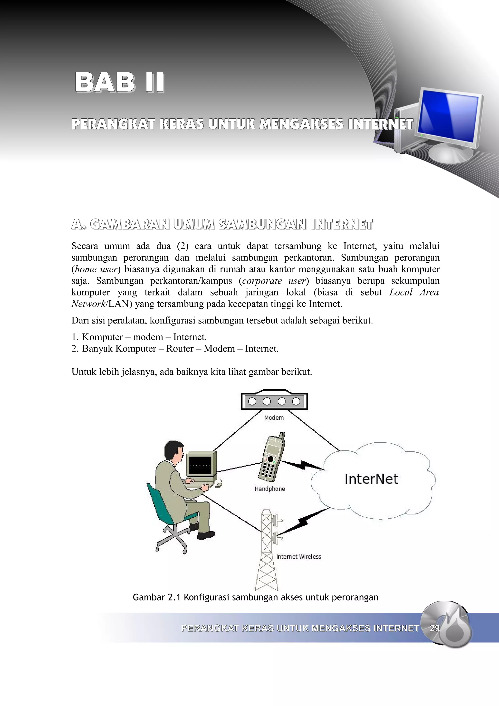 BAB II
PERANGKAT KERAS UNTUK MENGAKSES INTERNET




A. GAMBARAN UMUM SAMBUNGAN INTERNET
Secara umum ada dua (2) cara untuk dapat tersambung ke Internet, yaitu melalui
sambungan perorangan dan melalui sambungan perkantoran. Sambungan perorangan
(home user) biasanya digunakan di rumah atau kantor menggunakan satu buah komputer
saja. Sambungan perkantoran/kampus (corporate user) biasanya berupa sekumpulan
komputer yang terkait dalam sebuah jaringan lokal (biasa di sebut Local Area
Network/LAN) yang tersambung pada kecepatan tinggi ke Internet.
Dari sisi peralatan, konfigurasi sambungan tersebut adalah sebagai berikut.
1. Komputer – modem – Internet.
2. Banyak Komputer – Router – Modem – Internet.

Untuk lebih jelasnya, ada baiknya kita lihat gambar berikut.




               Gambar 2.1 Konfigurasi sambungan akses untuk perorangan


                           PERANGKAT KERAS UNTUK MENGAKSES INTERNET            29
 