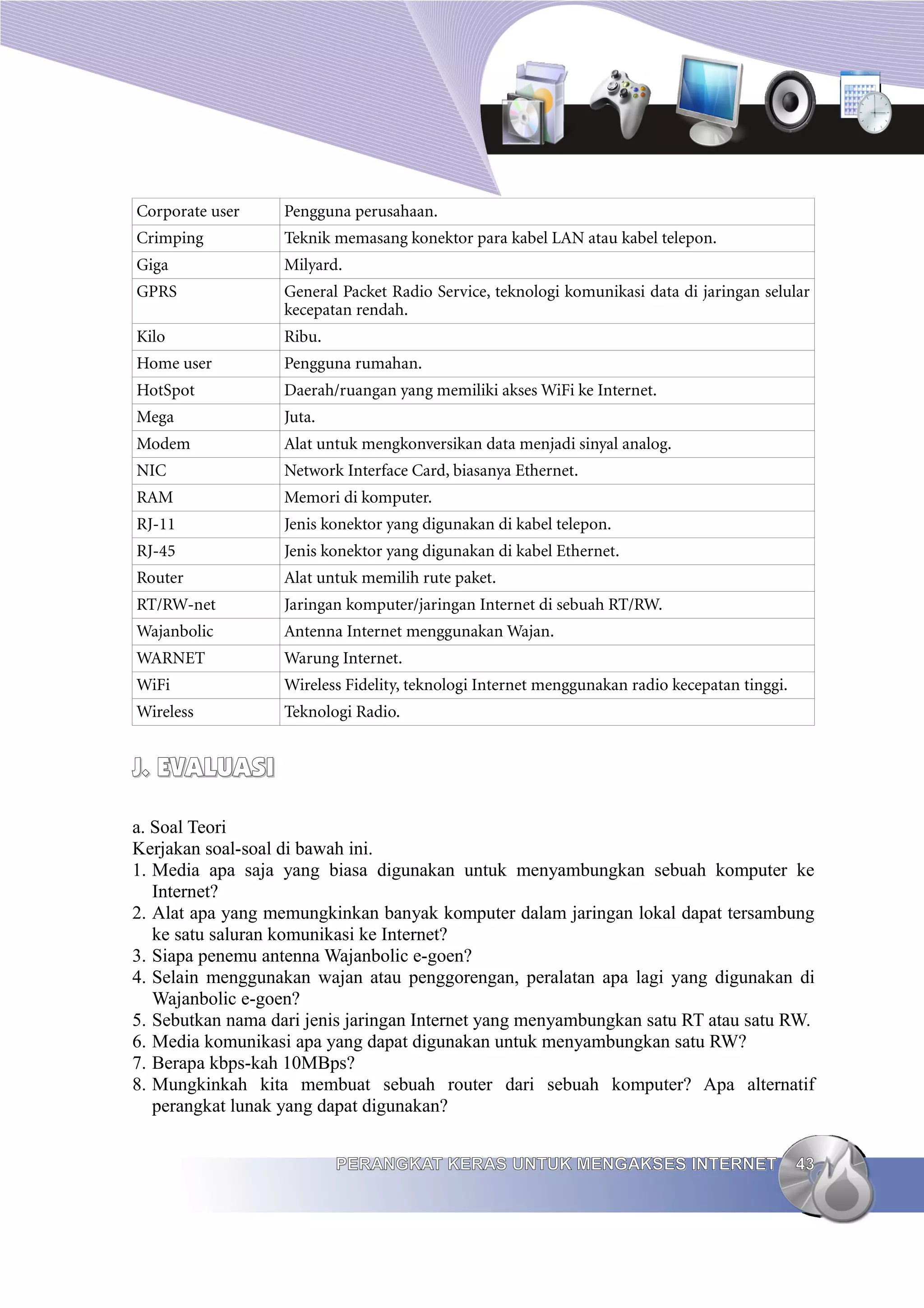 Corporate user     Pengguna perusahaan.
Crimping           Teknik memasang konektor para kabel LAN atau kabel telepon.
Giga               Milyard.
GPRS               General Packet Radio Service, teknologi komunikasi data di jaringan selular
                   kecepatan rendah.
Kilo               Ribu.
Home user          Pengguna rumahan.
HotSpot            Daerah/ruangan yang memiliki akses WiFi ke Internet.
Mega               Juta.
Modem              Alat untuk mengkonversikan data menjadi sinyal analog.
NIC                Network Interface Card, biasanya Ethernet.
RAM                Memori di komputer.
RJ-11              Jenis konektor yang digunakan di kabel telepon.
RJ-45              Jenis konektor yang digunakan di kabel Ethernet.
Router             Alat untuk memilih rute paket.
RT/RW-net          Jaringan komputer/jaringan Internet di sebuah RT/RW.
Wajanbolic         Antenna Internet menggunakan Wajan.
WARNET             Warung Internet.
WiFi               Wireless Fidelity, teknologi Internet menggunakan radio kecepatan tinggi.
Wireless           Teknologi Radio.


J. EVALUASI

a. Soal Teori
Kerjakan soal-soal di bawah ini.
1. Media apa saja yang biasa digunakan untuk menyambungkan sebuah komputer ke
   Internet?
2. Alat apa yang memungkinkan banyak komputer dalam jaringan lokal dapat tersambung
   ke satu saluran komunikasi ke Internet?
3. Siapa penemu antenna Wajanbolic e-goen?
4. Selain menggunakan wajan atau penggorengan, peralatan apa lagi yang digunakan di
   Wajanbolic e-goen?
5. Sebutkan nama dari jenis jaringan Internet yang menyambungkan satu RT atau satu RW.
6. Media komunikasi apa yang dapat digunakan untuk menyambungkan satu RW?
7. Berapa kbps-kah 10MBps?
8. Mungkinkah kita membuat sebuah router dari sebuah komputer? Apa alternatif
   perangkat lunak yang dapat digunakan?


                           PERANGKAT KERAS UNTUK MENGAKSES INTERNET                            43
 
