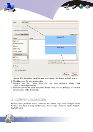 Nama File




                                                         Jenis File




     Gambar 1.20 Mengisikan nama file pada penyimpanan file dengan perintah Save as
1. Masukkan nama file yang kita inginkan.
2. Tentukan jenis file. Default jenis file yang akan digunakan adalah .ODS
   (OpenDocument Spreadsheet).
3. Tekanlah tombol Save untuk menyimpan file ke dalam harddisk. Biasanya file tersebut
   akan masuk ke folder Documents.




K. MENUTUP LEMBAR KERJA
Setelah semua pekerjaan selesai dilakukan dan lembar kerja sudah disimpan dalam
harddisk, kita dapat menutup lembar kerja. Hal ini dapat dilakukan melalui langkah-
langkah berikut.




32     MENGENAL OPENOFFICE.ORG CALC
 