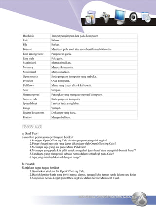 Harddisk                 Tempat penyimpan data pada komputer.
Exit                     Keluar.
File                     Berkas.
Format                   Membuat pola awal atau membersihkan data/media.
Line arrangement         Pengaturan garis.
Line style               Pola garis.
Maximized                Memaksimalkan.
Memory                   Memori komputer.
Minimized                Meminimalkan.
Open source              Kode program komputer yang terbuka.
Prosesor                 Otak komputer.
Pulldown                 Menu yang dapat ditarik ke bawah.
Save                     Simpan.
Sistem operasi           Perangkat yang mengatur operasi komputer.
Source code              Kode program komputer.
Spreadsheet              Lembar kerja yang lebar.
Range                    Wilayah.
Recent documents         Dokumen yang baru.
Restore                  Mengembalikan.


EVALUASI
a. Soal Teori
Jawablah pertanyaan-pertanyaan berikut.
       1.Mengapa OpenOffice.org Calc disebut program pengolah angka?
       2.Fungsi-fungsi apa saja yang dapat dikerjakan oleh OpenOffice.org Calc?
       3.Menu apa saja yang ada pada Menu Pulldown?
       4.Menu apa yang perlu kita pilih untuk mengubah jenis huruf atau mengubah bentuk huruf?
       5.Tanda apa yang mengawali sebuah rumus dalam sebuah sel pada Calc?
       6.Apa yang membedakan sel dengan range?

b. Praktik
Kerjakan tugas-tugas berikut.
       1.Gambarkan struktur file OpenOffice.org Calc.
       2.Buatlah lembar kerja yang berisi nama, alamat, tanggal lahir teman Anda dalam satu kelas.
       3.Simpanlah berkas kerja OpenOffice.org Calc dalam format Microsoft Excel.




                                                 MENGENAL OPENOFFICE.ORG CALC                   35
 