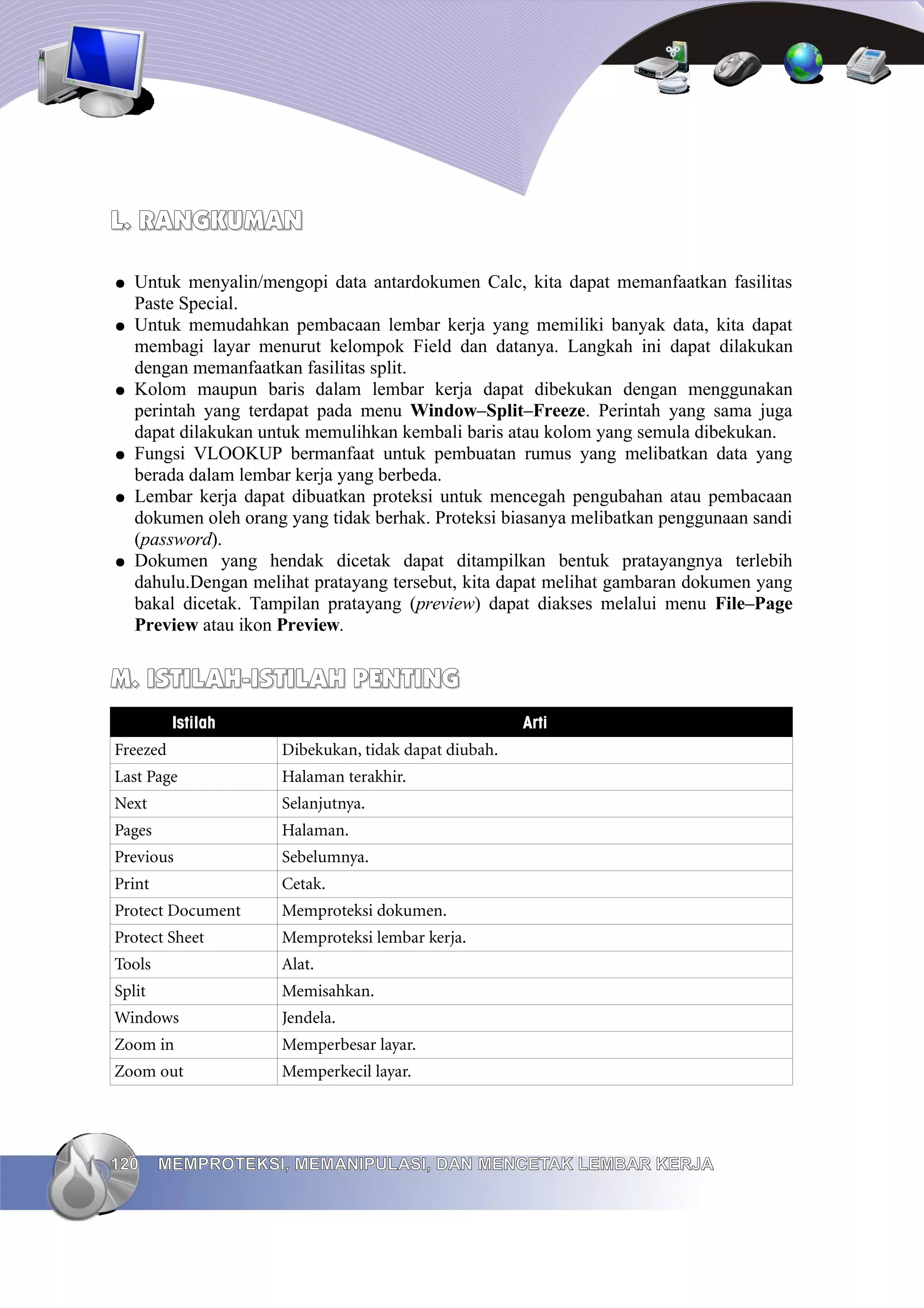 L. RANGKUMAN
L. RANGKUMAN
● Untuk menyalin/mengopi data antardokumen Calc, kita dapat memanfaatkan fasilitas
Paste Special.
● Untuk memudahkan pembacaan lembar kerja yang memiliki banyak data, kita dapat
membagi layar menurut kelompok Field dan datanya. Langkah ini dapat dilakukan
dengan memanfaatkan fasilitas split.
● Kolom maupun baris dalam lembar kerja dapat dibekukan dengan menggunakan
perintah yang terdapat pada menu Window–Split–Freeze. Perintah yang sama juga
dapat dilakukan untuk memulihkan kembali baris atau kolom yang semula dibekukan.
● Fungsi VLOOKUP bermanfaat untuk pembuatan rumus yang melibatkan data yang
berada dalam lembar kerja yang berbeda.
● Lembar kerja dapat dibuatkan proteksi untuk mencegah pengubahan atau pembacaan
dokumen oleh orang yang tidak berhak. Proteksi biasanya melibatkan penggunaan sandi
(password).
● Dokumen yang hendak dicetak dapat ditampilkan bentuk pratayangnya terlebih
dahulu.Dengan melihat pratayang tersebut, kita dapat melihat gambaran dokumen yang
bakal dicetak. Tampilan pratayang (preview) dapat diakses melalui menu File–Page
Preview atau ikon Preview.
M. ISTILAH-ISTILAH PENTING
M. ISTILAH-ISTILAH PENTING
Istilah Arti
Freezed Dibekukan, tidak dapat diubah.
Last Page Halaman terakhir.
Next Selanjutnya.
Pages Halaman.
Previous Sebelumnya.
Print Cetak.
Protect Document Memproteksi dokumen.
Protect Sheet Memproteksi lembar kerja.
Tools Alat.
Split Memisahkan.
Windows Jendela.
Zoom in Memperbesar layar.
Zoom out Memperkecil layar.
120
120 MEMPROTEKSI, MEMANIPULASI, DAN MENCETAK LEMBAR KERJA
MEMPROTEKSI, MEMANIPULASI, DAN MENCETAK LEMBAR KERJA
 