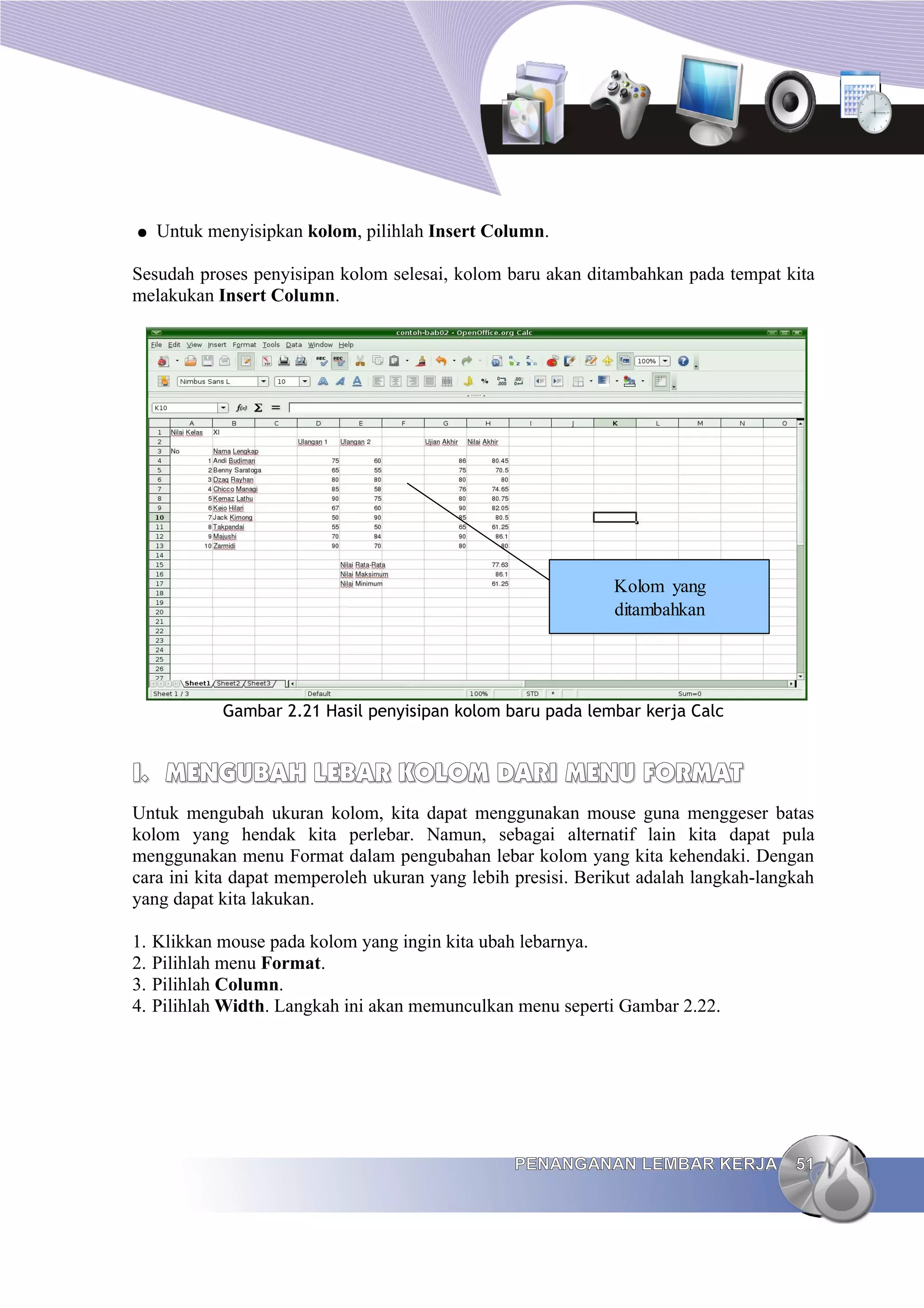 ● Untuk menyisipkan kolom, pilihlah Insert Column.
Sesudah proses penyisipan kolom selesai, kolom baru akan ditambahkan pada tempat kita
melakukan Insert Column.
Gambar 2.21 Hasil penyisipan kolom baru pada lembar kerja Calc
I.
I. MENGUBAH LEBAR KOLOM DARI
MENGUBAH LEBAR KOLOM DARI MENU
MENU FORMAT
FORMAT
Untuk mengubah ukuran kolom, kita dapat menggunakan mouse guna menggeser batas
kolom yang hendak kita perlebar. Namun, sebagai alternatif lain kita dapat pula
menggunakan menu Format dalam pengubahan lebar kolom yang kita kehendaki. Dengan
cara ini kita dapat memperoleh ukuran yang lebih presisi. Berikut adalah langkah-langkah
yang dapat kita lakukan.
1. Klikkan mouse pada kolom yang ingin kita ubah lebarnya.
2. Pilihlah menu Format.
3. Pilihlah Column.
4. Pilihlah Width. Langkah ini akan memunculkan menu seperti Gambar 2.22.
PENANGANAN LEMBAR KERJA
PENANGANAN LEMBAR KERJA 51
51
Kolom yang
ditambahkan
 