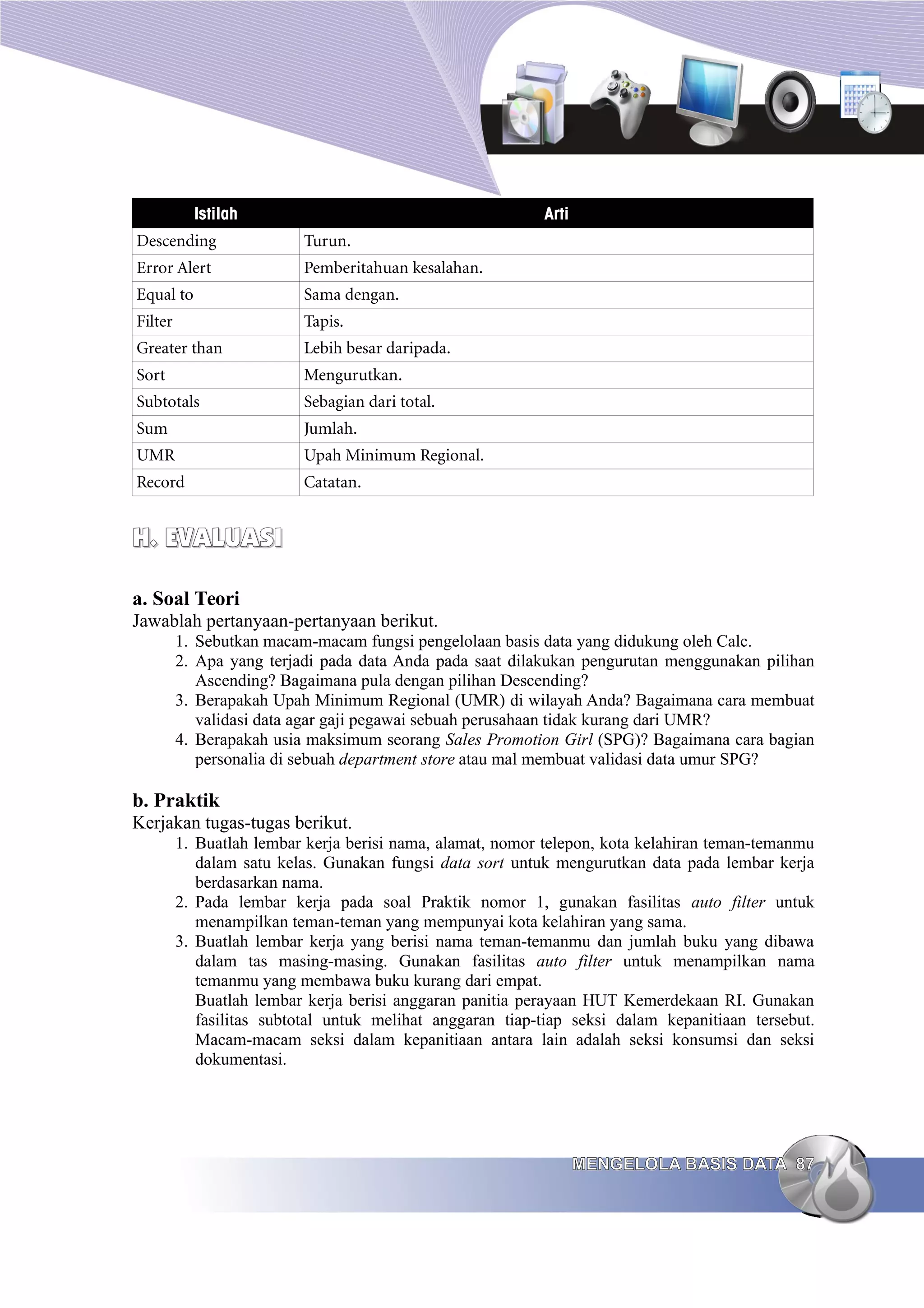 Istilah Arti
Descending Turun.
Error Alert Pemberitahuan kesalahan.
Equal to Sama dengan.
Filter Tapis.
Greater than Lebih besar daripada.
Sort Mengurutkan.
Subtotals Sebagian dari total.
Sum Jumlah.
UMR Upah Minimum Regional.
Record Catatan.
H. EVALUASI
H. EVALUASI
a. Soal Teori
Jawablah pertanyaan-pertanyaan berikut.
1. Sebutkan macam-macam fungsi pengelolaan basis data yang didukung oleh Calc.
2. Apa yang terjadi pada data Anda pada saat dilakukan pengurutan menggunakan pilihan
Ascending? Bagaimana pula dengan pilihan Descending?
3. Berapakah Upah Minimum Regional (UMR) di wilayah Anda? Bagaimana cara membuat
validasi data agar gaji pegawai sebuah perusahaan tidak kurang dari UMR?
4. Berapakah usia maksimum seorang Sales Promotion Girl (SPG)? Bagaimana cara bagian
personalia di sebuah department store atau mal membuat validasi data umur SPG?
b. Praktik
Kerjakan tugas-tugas berikut.
1. Buatlah lembar kerja berisi nama, alamat, nomor telepon, kota kelahiran teman-temanmu
dalam satu kelas. Gunakan fungsi data sort untuk mengurutkan data pada lembar kerja
berdasarkan nama.
2. Pada lembar kerja pada soal Praktik nomor 1, gunakan fasilitas auto filter untuk
menampilkan teman-teman yang mempunyai kota kelahiran yang sama.
3. Buatlah lembar kerja yang berisi nama teman-temanmu dan jumlah buku yang dibawa
dalam tas masing-masing. Gunakan fasilitas auto filter untuk menampilkan nama
temanmu yang membawa buku kurang dari empat.
Buatlah lembar kerja berisi anggaran panitia perayaan HUT Kemerdekaan RI. Gunakan
fasilitas subtotal untuk melihat anggaran tiap-tiap seksi dalam kepanitiaan tersebut.
Macam-macam seksi dalam kepanitiaan antara lain adalah seksi konsumsi dan seksi
dokumentasi.
MENGELOLA BASIS DATA
MENGELOLA BASIS DATA 87
87
 
