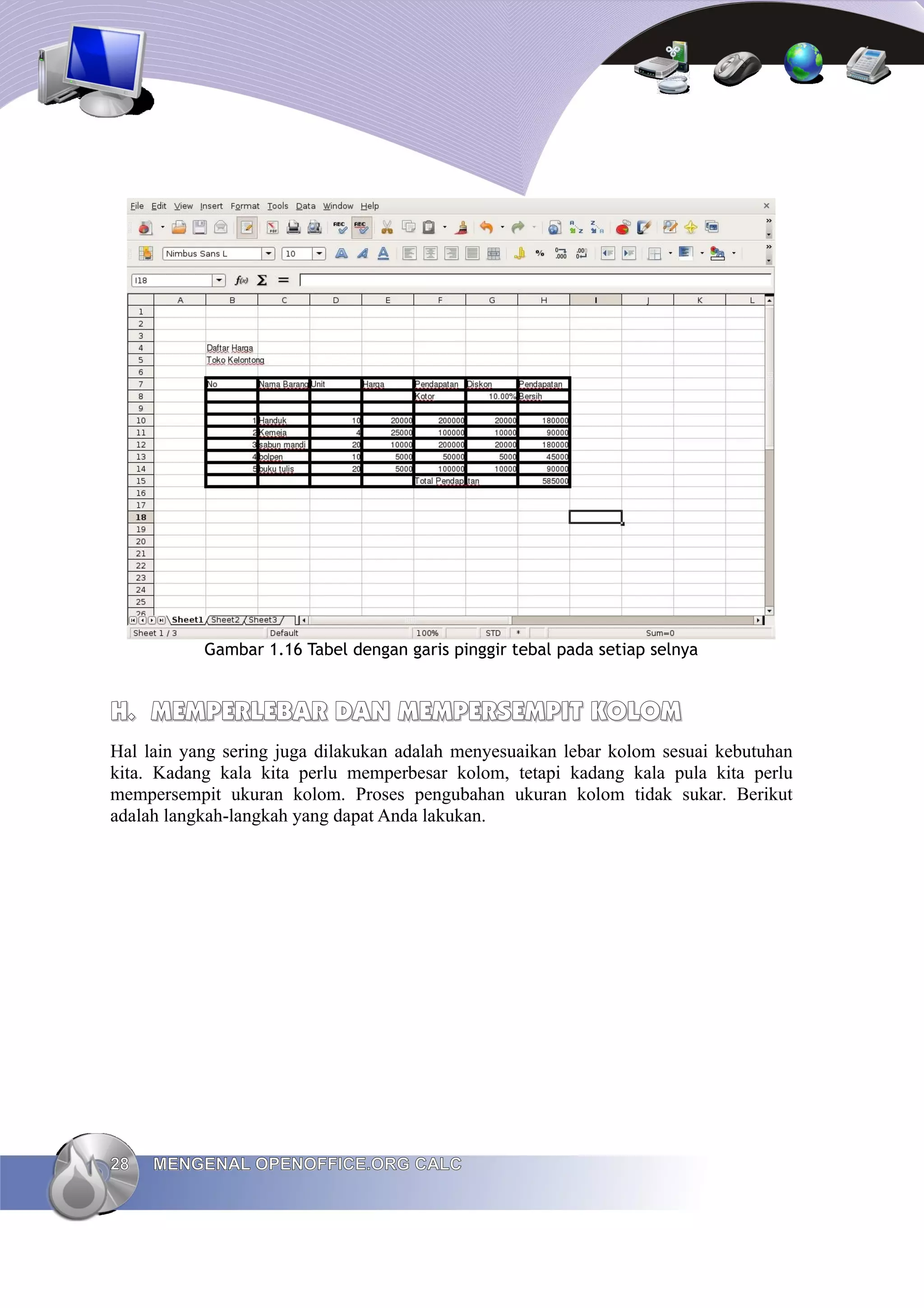 Gambar 1.16 Tabel dengan garis pinggir tebal pada setiap selnya
H.
H. MEMPERLEBAR DAN MEMPERSEMPIT
MEMPERLEBAR DAN MEMPERSEMPIT KOLOM
KOLOM
Hal lain yang sering juga dilakukan adalah menyesuaikan lebar kolom sesuai kebutuhan
kita. Kadang kala kita perlu memperbesar kolom, tetapi kadang kala pula kita perlu
mempersempit ukuran kolom. Proses pengubahan ukuran kolom tidak sukar. Berikut
adalah langkah-langkah yang dapat Anda lakukan.
28
28 MENGENAL OPENOFFICE.ORG CALC
MENGENAL OPENOFFICE.ORG CALC
 