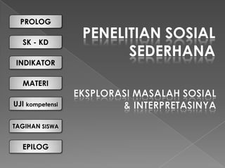 PROLOG

  SK - KD
                 PENELITIAN SOSIAL
                       SEDERHANA
INDIKATOR

  MATERI

UJI kompetensi

TAGIHAN SISWA


  EPILOG
 