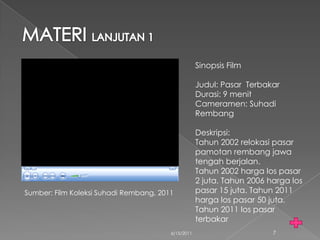 Sinopsis Film

                                                    Judul: Pasar Terbakar
                                                    Durasi: 9 menit
                                                    Cameramen: Suhadi
                                                    Rembang

                                                    Deskripsi:
                                                    Tahun 2002 relokasi pasar
                                                    pamotan rembang jawa
                                                    tengah berjalan.
                                                    Tahun 2002 harga los pasar
                                                    2 juta. Tahun 2006 harga los
Sumber: Film Koleksi Suhadi Rembang, 2011           pasar 15 juta. Tahun 2011
                                                    harga los pasar 50 juta.
                                                    Tahun 2011 los pasar
                                                    terbakar
                                        6/15/2011                       7
 