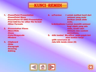 Kunci remidi

1. -PowerPoint Presentation              4. a.Preview      = untuk melihat hasil dari
   -PowerPoint Show                                          animasi yang anda
   -PowerPoint 97-2003 Presentation                          berikan untuk slide
   -Find Add-Ins for other file format                       anda.
   -Other Formats                           b.Animations = untuk memilih animasi
                                                             bagi objek yang ada
2. -Presentation Views                                       slide, terdiri dari
   -Show/Hide                                                animate dan custom
   -Zoom                                                     animations.
   -Color/Grayscale                      5. -klik tombol Ms.office pada pojok kiri
   -Window                                                 atas lembar kerja
                                            -pilih save/save as
3. -Clipboard                               -lalu klik tanda close (X)
   -Slide
   -Paragraph
   -Drawing
   -Editing
 