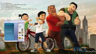 G. menyisipkan clip art.
•Pertama, buka lembar kerja Ms.Office Power Point
•Klik menu Insert pada Menu Bar
•Klik icon Clip Art pada group Ilustration
•Maka akan secara otomatis tampil jendela Clip Art di sebelah kanan slide.
 Pilih gambar atau animasi yang diinginkan dengan cara Klik
Selain cara di atas, ada cara yang lebih mudah untuk
menyisipkan gambar pada slide ppt. dengan cara Copy gambar
atau animasi yang ingin disisipkan, kemudian Pastepada slide
presentasi tersebut.
 