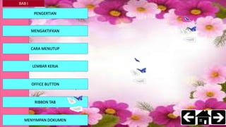 PENGERTIAN
BAB I
LEMBAR KERJA
MENGAKTIFKAN
MENYIMPAN DOKUMEN
RIBBON TAB
CARA MENUTUP
OFFICE BUTTON
 