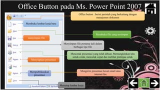 Office Button pada Ms. Power Point 2007
Membuka lembar kerja baru
Membuka file yang tersimpan
menyimpan file
Menyimpan file pertama kali dalam
berbagai tipe file
Mencetak presentasi yang telah dibuat. Memungkinkan kita
untuk cetak, mencetak cepat dan melihat pratinjau cetak
Menyiapkan presentasi
Mengirim presentasi lewat email atau
internet fax
Mempublikasikan
presentasi
Menutup lembar kerja
Office button : berisi perintah yang berkaitang dengan
manajemen dokumen
 