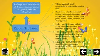 • Tables : perintah untuk
menambahkan tabel pada tampilan
slide
• Illustrations : terdapat tombol-
tombol yang dapat digunakan untuk
menyisipkan gambar, seperti clipart,
photo album, shapes, smartart, dan
chart (grafik).
• Links : tombol-tombol pada tool
group ini dapat digunakan untuk
membuat link pada slide.
• Text : untuk membuat teks pada
tampilan slide dlam text box atau
wordart dann bias menyisipkan
simbol-simbol.
• Media clips : untuk memperkaya
tampilan slide, maka dapat
menambahkan file sound (suara) atau
movie (film)
Ribbon Tab Insert
Berfungsi untuk menyisipkan
tabel, nomor halaman, catatan
kaki, gambar, teks, dan
sebagainya.
 