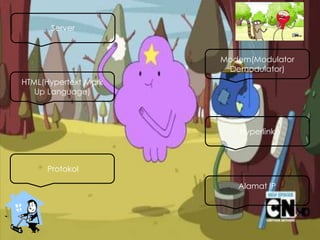 Server
Modem(Modulator
Demodulator)
HTML(Hypertext Mark
Up Language)
Hyperlink
Protokol
Alamat IP
 