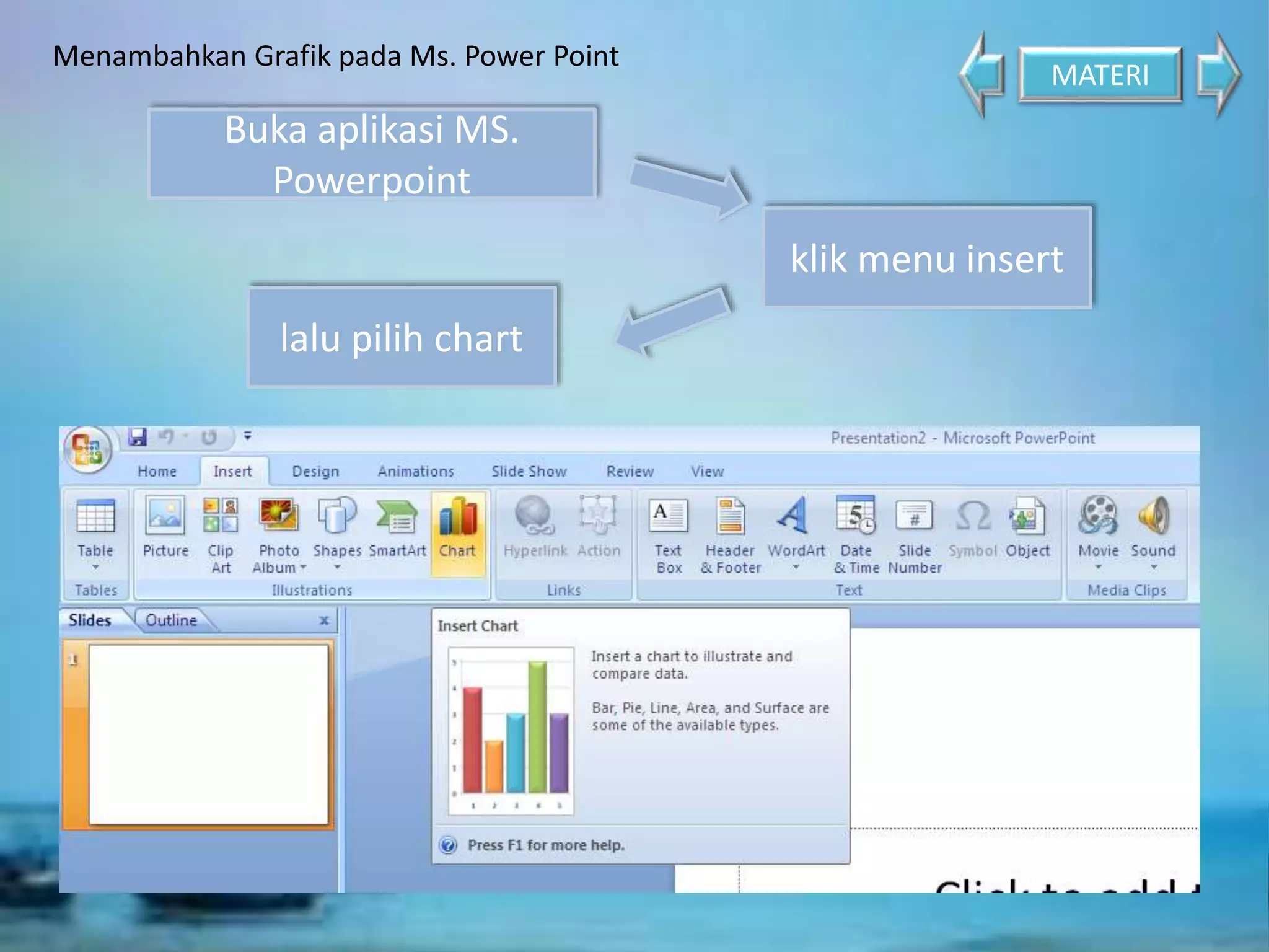 Menambahkan Grafik pada Ms. Power Point 
Buka aplikasi MS. 
Powerpoint 
lalu pilih chart 
MATERI 
klik menu insert 
 