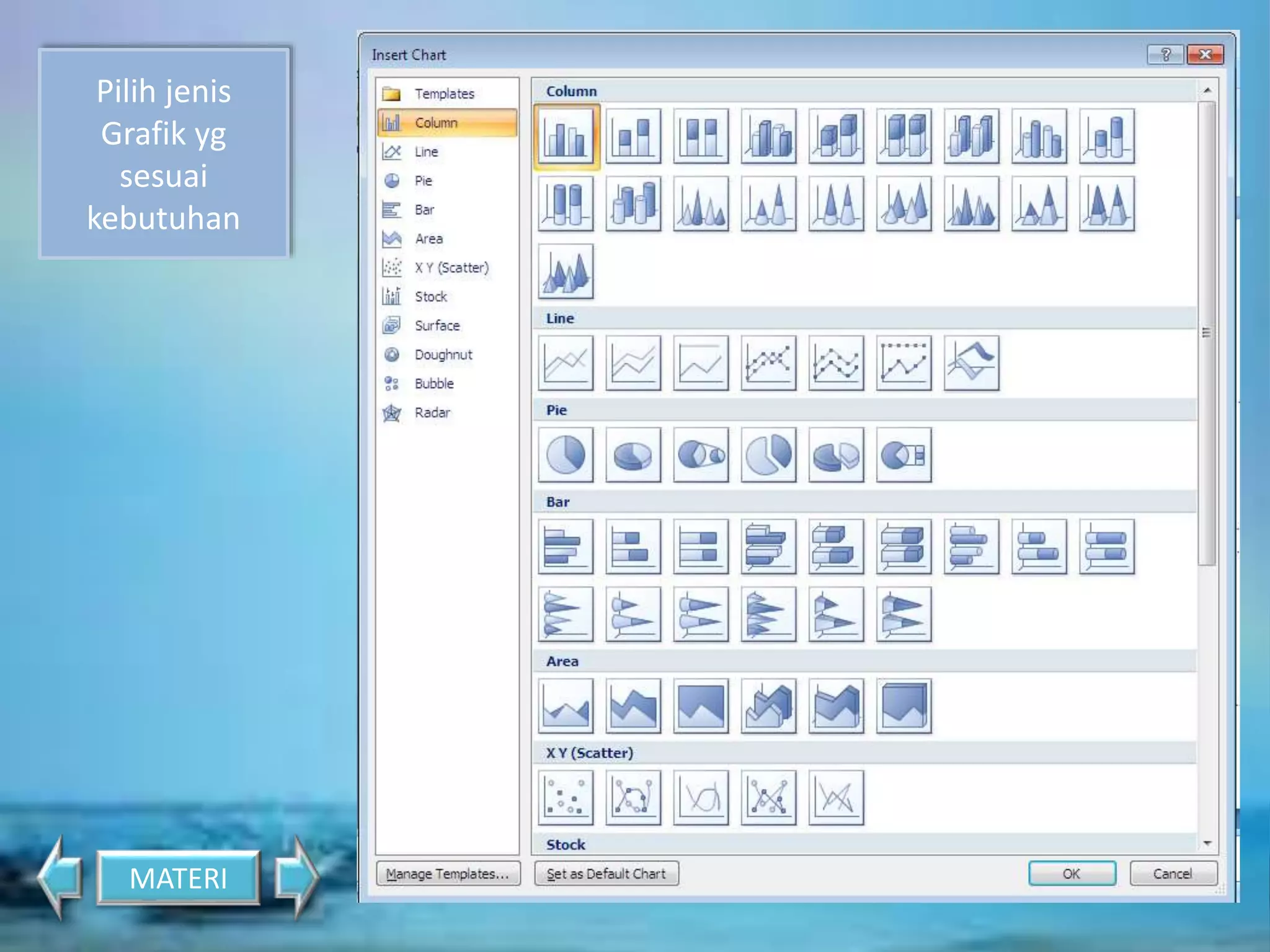 Pilih jenis 
Grafik yg 
sesuai 
kebutuhan 
MATERI 
 
