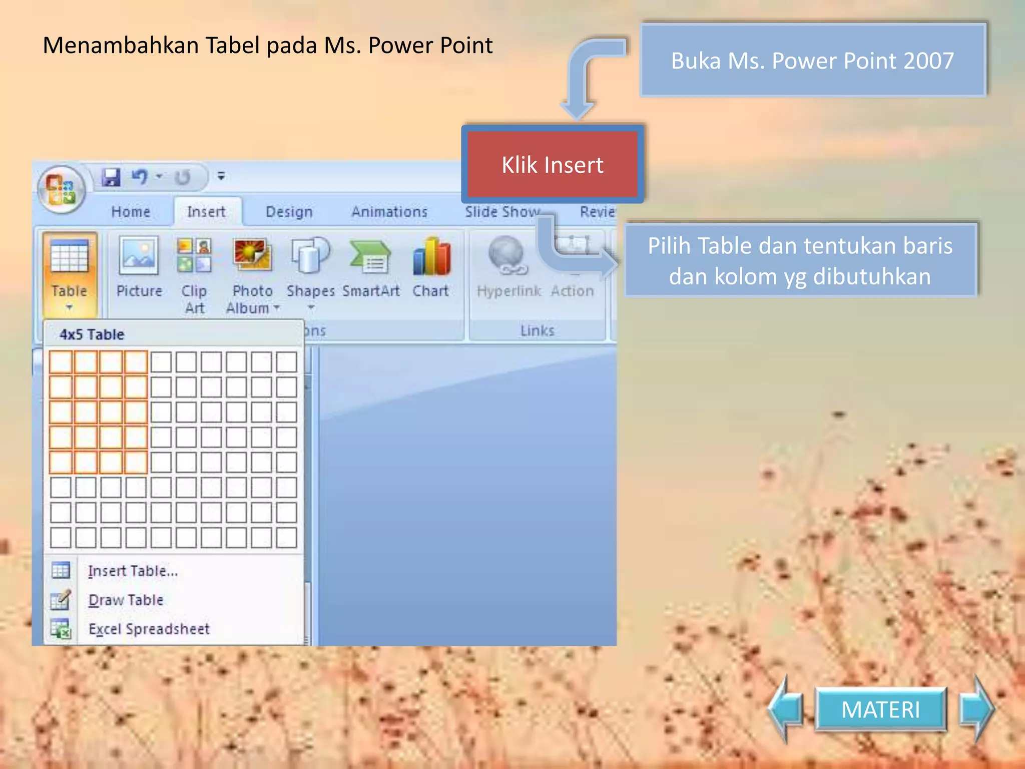 Menambahkan Tabel pada Ms. Power Point 
Buka Ms. Power Point 2007 
Klik Insert 
Pilih Table dan tentukan baris 
dan kolom yg dibutuhkan 
MATERI 
 