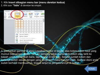 1. Klik Insert dibagian menu bar (menu deretan kedua)
2. Klik icon “Table” di deretan ke empat.
3. (perhatikan gambar di atas) Lewatkan kursor di bagian atas kolom-kolom kecil yang
muncul (tapi jangan diklik). Tarik ke samping untuk menambah kolom atau tarik ke
bawah untuk menambah baris, tapi jangan di klik dulu. Setelah jumlah kolom dan
barisnya sudah sesuai dengan yang diinginkan, maka barulah diklik. Sampai disini anda
sudah berhasil membuatnya, tinggal lanjut ke pengaturannya di bawah.
HOME
 