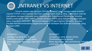 INTRANET VS INTERNET
INTERNET :
Jaringannya yang luas & cepat
Perkembangannya sangat pesat.
Bisa digunakan oleh siapa saja dan kapan
saja.
INTRANET
Jaringannya yang sempit (lokal).
Perkembangannya lambat.
Biasa digunakan oleh perkantoran, sekolah,
universitas, dll.
Intranet adalah satu jaringan (Private Network) yang menggunakan protokol
internet TCP/IP untuk berbagi informasi penting dalam lingkup lokal, sedangkan Internet
merupakan jaringan komputer yang dibentuk oleh Departemen Pertahanan Amerika
Serikat pada tahun 1969, melalui proyek lembaga ARPA yang mengembangkan jaringan
yang dinamakan ARPANET (Advanced Research Project Agency Network), di mana
mereka mendemonstrasikan bagaimana dengan hardware dan software komputer yang
berbasis UNIX.
 