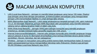 MACAM JARINGAN KOMPUTER
1. LAN (Local Area Network) : Jaringan ini memiliki lokasi jangkauan yang hanya 100 meter. Disebut
juga jaringan yang khas dengan perusahaan, di mana di dalam perusahaan yang menggunakan
jaringan LAN memanfaatkan fasilitas ini untuk berbagi data rahasia.
2. MAN (Metropolitan Area Network) : Lebih besar jangkauannya daripada jaringan LAN, yakni maksimal
10 s.d. 50 kilometer. Biasanya, jaringan MAN digunakan oleh perusahaan yang memiliki beberapa
cabang namun cabang tersebut masih di dalam satu kota.
3. WAN (Wide Area Network) : Jaringan WAN yakni jaringan komputer yang memiliki jangkauan
antarbenua, dengan melewati batas geografis negara dan milik umum.
4. Internet (Interconnected Network) : Internet yaitu jaringan komputer yang memiliki jangkauan hingga
seluruh pelosok di dunia ini. Seringkali dimanfaatkan untuk berbagi informasi secara global meliputi
pendidikan, hiburan, teknologi, dan lain sebagainya.
5. Wireless : Jaringan ini merupakan yang paling praktis karena tidak membutuhkan kabel. Di mana di
dalam pengoperasiannya hanya mengandalkan teknologi radio (frekuensi). Disebut juga jaringan
WLAN (Wireless Local Area Network) atau Wi-Fi.
 