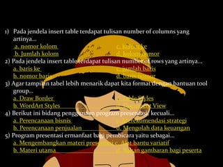 1) Pada jendela insert table terdapat tulisan number of columns yang
artinya…
a. nomor kolom c. kolom ke
b. Jumlah kolom d. kolom nomor
2) Pada jendela insert table terdapat tulisan number of rows yang artinya…
a. baris ke c. jumlah baris
b. nomor baris d. baris nomor
3) Agar tampilan tabel lebih menarik dapat kita format dengan bantuan tool
group…
a. Draw Border c. Table Styles
b. WordArt Styles d. Document View
4) Berikut ini bidang penggunaan program presentasi, kecuali…
a. Perencanaan bisnis c. Merekomendasi strategi
b. Perencanaan penjualan d. Mengolah data keuangan
5) Program presentasi ermanfaat bagi pembicara yaitu sebagai…
a. Mengembangkan materi presentasi c. Alat bantu variatif
b. Materi utama d. Bahan gambaran bagi peserta
 