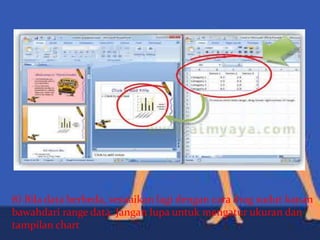 8) Bila data berbeda, sesuaikan lagi dengan cara drag sudut kanan
bawahdari range data. Jangan lupa untuk mengatur ukuran dan
tampilan chart
 
