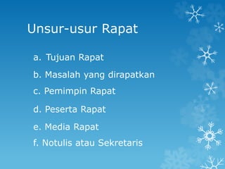 Unsur-usur Rapat
a. Tujuan Rapat
b. Masalah yang dirapatkan
c. Pemimpin Rapat
d. Peserta Rapat
e. Media Rapat
f. Notulis atau Sekretaris