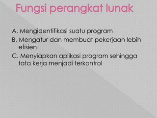 A. Mengidentifikasi suatu program
B. Mengatur dan membuat pekerjaan lebih
efisien
C. Menyiapkan aplikasi program sehingga
tata kerja menjadi terkontrol
 