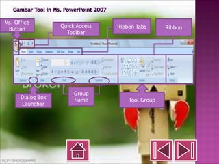 Gambar Tool in Ms. PowerPoint 2007

Ms. Office
                    Quick Access        Ribbon Tabs      Ribbon
 Button
                      Toolbar




                         Group
      Dialog Box         Name               Tool Group
      Launcher
 