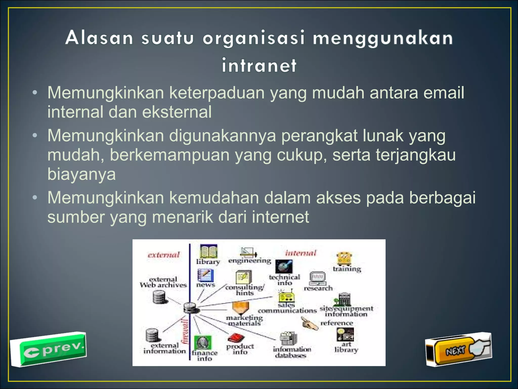 • Memungkinkan keterpaduan yang mudah antara email 
internal dan eksternal 
• Memungkinkan digunakannya perangkat lunak yang 
mudah, berkemampuan yang cukup, serta terjangkau 
biayanya 
• Memungkinkan kemudahan dalam akses pada berbagai 
sumber yang menarik dari internet 
 