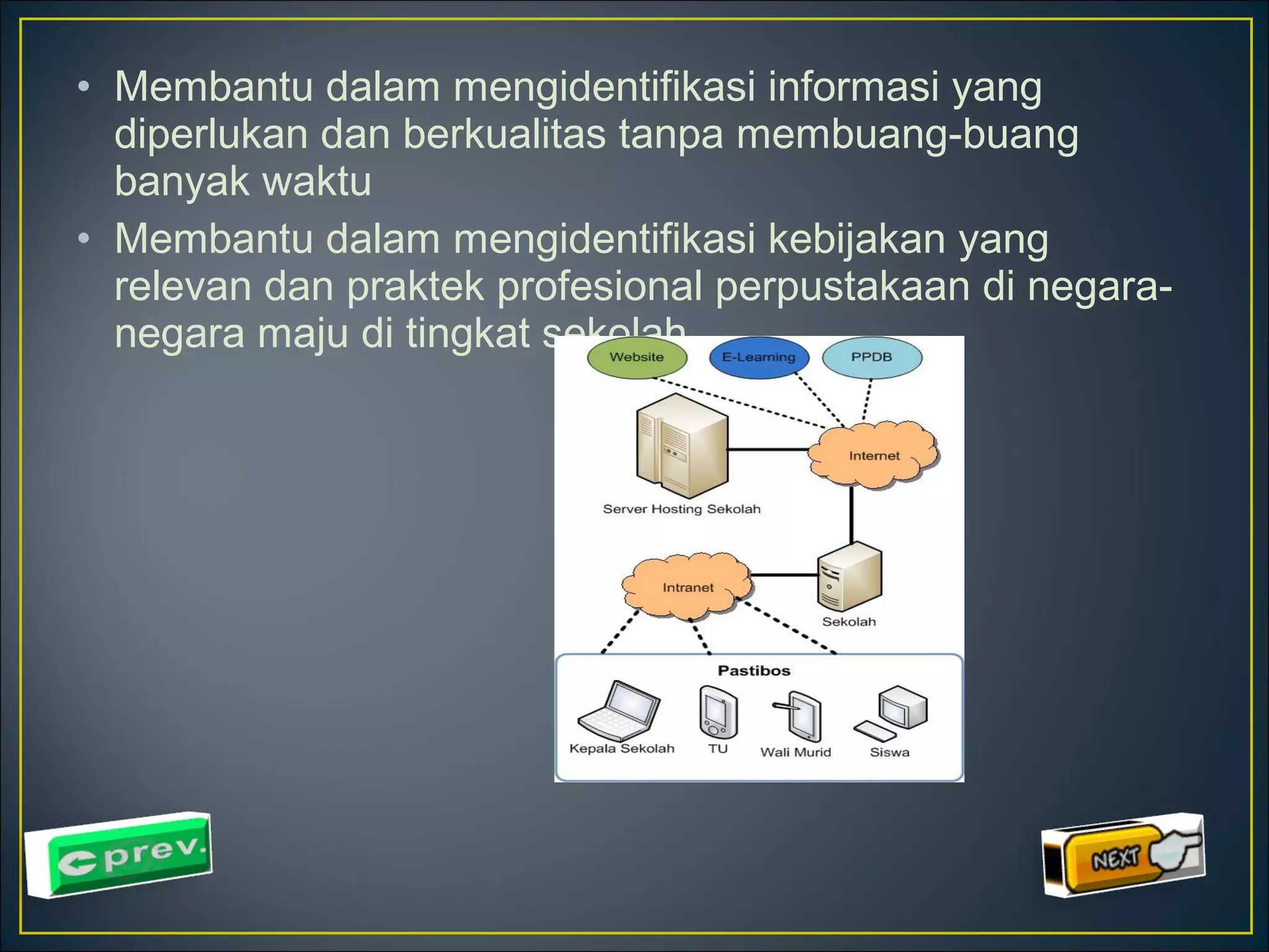• Membantu dalam mengidentifikasi informasi yang 
diperlukan dan berkualitas tanpa membuang-buang 
banyak waktu 
• Membantu dalam mengidentifikasi kebijakan yang 
relevan dan praktek profesional perpustakaan di negara-negara 
maju di tingkat sekolah 
 