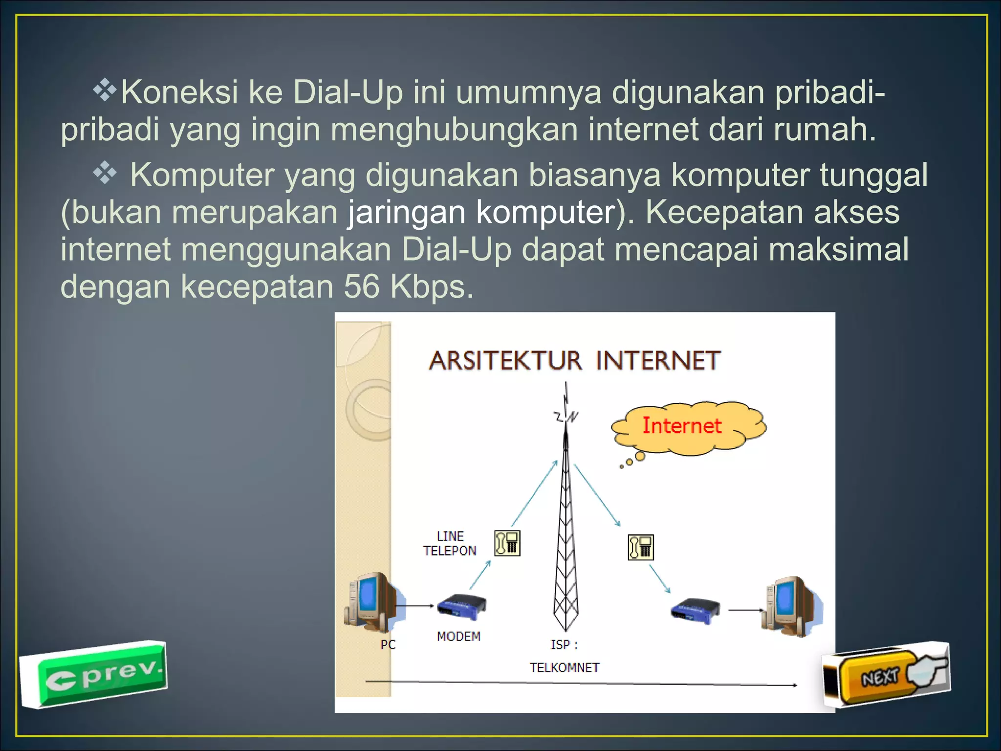 Koneksi ke Dial-Up ini umumnya digunakan pribadi-pribadi 
yang ingin menghubungkan internet dari rumah. 
 Komputer yang digunakan biasanya komputer tunggal 
(bukan merupakan jaringan komputer). Kecepatan akses 
internet menggunakan Dial-Up dapat mencapai maksimal 
dengan kecepatan 56 Kbps. 
 