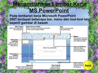 Menambahkan Lembar Kerja
MS.PowerPoint
Pada lembaran kerja Microsoft PowerPoint
2007,terdapat beberapa bar, menu dan tool-tool lain,
seperti gambar di bawah
back
 