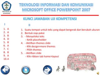 SMP NEGRI 18
SEMARANG

KUNCI JAWABAN UJI KOMPETENSI
I
1. A
2. A
3. B
4. D
5. B
6. A
7. C
8. B
9. A
10.A

II

1. Suatu tempat untuk teks yang dapat bergerak dan berubah ukuran.
2. Bentuk siap pakai
3. - Menyeleksi teks
- Ketik placeholder
4. - Aktifkan themes slide
- Klik design>more themes
- Plilih themes
5. - Aktifkan slide
- Klik ribbon tab home>layout

 