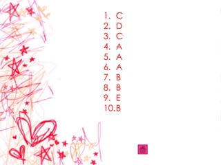 1. C
2. D
3. C
4. A
5. A
6. A
7. B
8. B
9. E
10.B

 