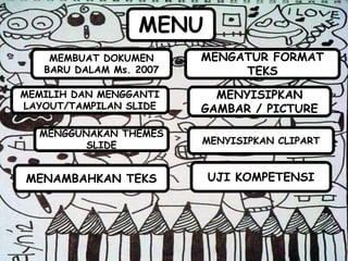 MENU
MEMBUAT DOKUMEN
BARU DALAM Ms. 2007
MENGGUNAKAN THEMES
SLIDE
MENGATUR FORMAT
TEKS
MEMILIH DAN MENGGANTI
LAYOUT/TAMPILAN SLIDE
MENAMBAHKAN TEKS
MENYISIPKAN
GAMBAR / PICTURE
MENYISIPKAN CLIPART
UJI KOMPETENSI
 