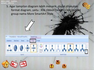BERLIANI , NADIA ,
NIMAS , PRITA

     5. Agar tampilan diagram lebih menarik, dapat dilakukan
         format diagram, yaitu : Klik ribbon Design > klik tombol
         group nama More SmartArt Style
 