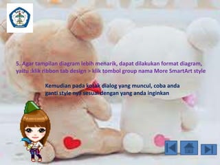 5. Agar tampilan diagram lebih menarik, dapat dilakukan format diagram, 
yaitu :klik ribbon tab design > klik tombol group nama More SmartArt style 
Kemudian pada kotak dialog yang muncul, coba anda 
ganti style nya sesuai dengan yang anda inginkan 
 