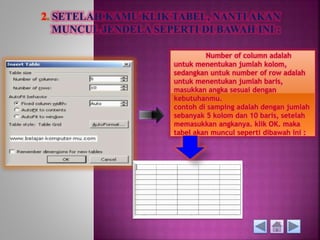 Number of column adalah 
untuk menentukan jumlah kolom, 
sedangkan untuk number of row adalah 
untuk menentukan jumlah baris, 
masukkan angka sesuai dengan 
kebutuhanmu. 
contoh di samping adalah dengan jumlah 
sebanyak 5 kolom dan 10 baris, setelah 
memasukkan angkanya. klik OK. maka 
tabel akan muncul seperti dibawah ini : 
 