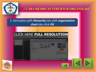 1.3 CARA MEMBUAT STRUKTUR ORGANISASI 
2. Kemudian pilih Hierarchy lalu pilih organization 
chart lalu click OK 
 