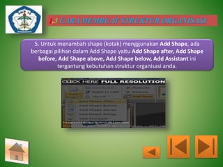 1.3 CARA MEMBUAT STRUKTUR ORGANISASI 
5. Untuk menambah shape (kotak) menggunakan Add Shape, ada 
berbagai pilihan dalam Add Shape yaitu Add Shape after, Add Shape 
before, Add Shape above, Add Shape below, Add Assistant ini 
tergantung kebutuhan struktur organisasi anda. 
 