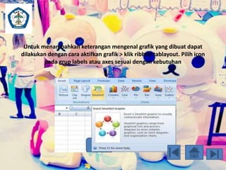 Untuk menambahkan keterangan mengenal grafik yang dibuat dapat 
dilakukan dengan cara aktifkan grafik > klik ribbon tablayout. Pilih icon 
pada grup labels atau axes sesuai dengan kebutuhan 
 