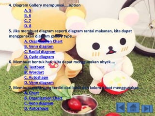 4. Diagram Gallery mempunyai....option 
A. 5 
B. 6 
C. 7 
D. 8 
5. Jika membuat diagram seperti diagram rantai makanan, kita dapat 
menggunakan diagram gallery type... 
A. Organization Chart 
B. Venn diagram 
C. Radial diagram 
D. Cycle diagram 
6. Membuat bentuk hati, kita dapat menggunakan obyek.... 
A. Textboxt 
B. Wordart 
C. Autoshape 
D. Venn diagram 
7. Membuat grafik yang terdiri dari baris dan kolom dapat menggunakan.... 
A. Chart 
B. Organization Chart 
C. Venn diagram 
D. Autoshape 
 