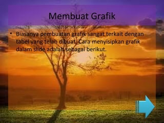 Membuat Grafik
• Biasanya pembuatan grafik sangat terkait dengan
tabel yang telah dibuat. Cara menyisipkan grafik
dalam slide adalah sebagai berikut.
 