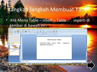 Langkah-langkah Membuat Tabel
• Klik Menu Table – insert – Table . . . seperti di
gambar di bawah ini :
 