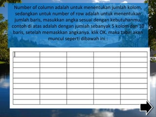 Number of column adalah untuk menentukan jumlah kolom,
sedangkan untuk number of row adalah untuk menentukan
jumlah baris, masukkan angka sesuai dengan kebutuhanmu.
contoh di atas adalah dengan jumlah sebanyak 5 kolom dan 10
baris, setelah memaskkan angkanya. klik OK. maka tabel akan
muncul seperti dibawah ini :
 