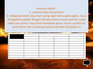 caranya adalah :
1. siapkan tabel kerja kamu
2. blokpada kolom atau baris yang ingin kamu gabungkan, (cara
mengeblok adalah dengan klik dan tahan mouse pointer pada
salah satu kolom atau baris kemudian geser mouse pointer ke
arah kolom lain ) misalnya seperti gambar di bawah ini
 