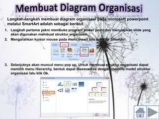 1. Langkah pertama yakni membuka program power point dan menyiapkan slide yang
akan digunakan membuat struktur organisasi.
2. Mengarahkan kursor mouse pada menu Insert lalu memilih SmartArt.
3. Selanjutnya akan muncul menu pop up. Untuk membuat struktur organisasi dapat
memilih menu Hierarchy, bentuk dapat disesuaikan dengan memilih model struktur
organisasi lalu klik Ok.
Langkah-langkah membuat diagram organisasi pada microsoft powerpoint
melalui SmartArt adalah sebagai berikut.
 