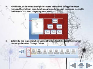 4. Pada slide, akan muncul tampilan seperti berikut ini. Pengguna dapat
memasukkan tulisan pada kotak yang tersedia dengan langsung mengetik
pada menu Text atau langsung pada slide.
5. Selain itu jika ingin merubah warna struktur dapat mengarahkan kursor
mouse pada menu Change Colors.
 