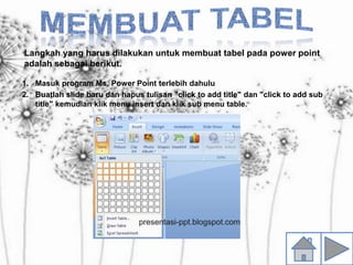 Langkah yang harus dilakukan untuk membuat tabel pada power point
adalah sebagai berikut.
1. Masuk program Ms. Power Point terlebih dahulu
2. Buatlah slide baru dan hapus tulisan "click to add title" dan "click to add sub
title" kemudian klik menu insert dan klik sub menu table.
 
